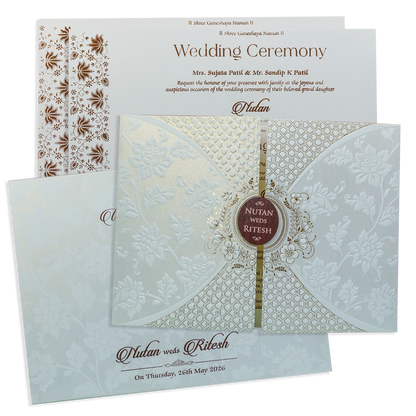 White Floral Patterned Embossed Padded Wedding Card - KRE28600