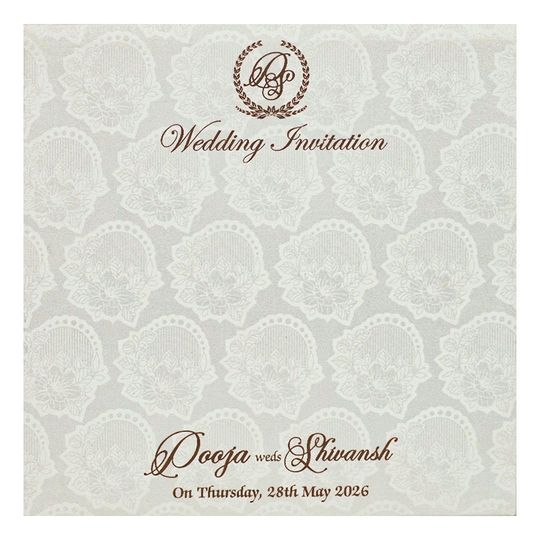 White Gold Floral Padded Wedding Card-KRE27570