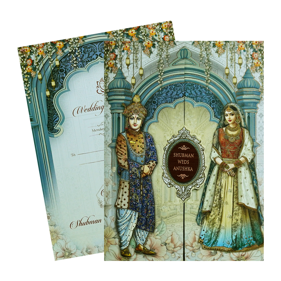 Elegant Blue Doorstyle Wedding Card-KRB09030