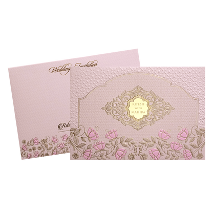 Pink Embossed Floral Padded Wedding Card-KMMWD1121