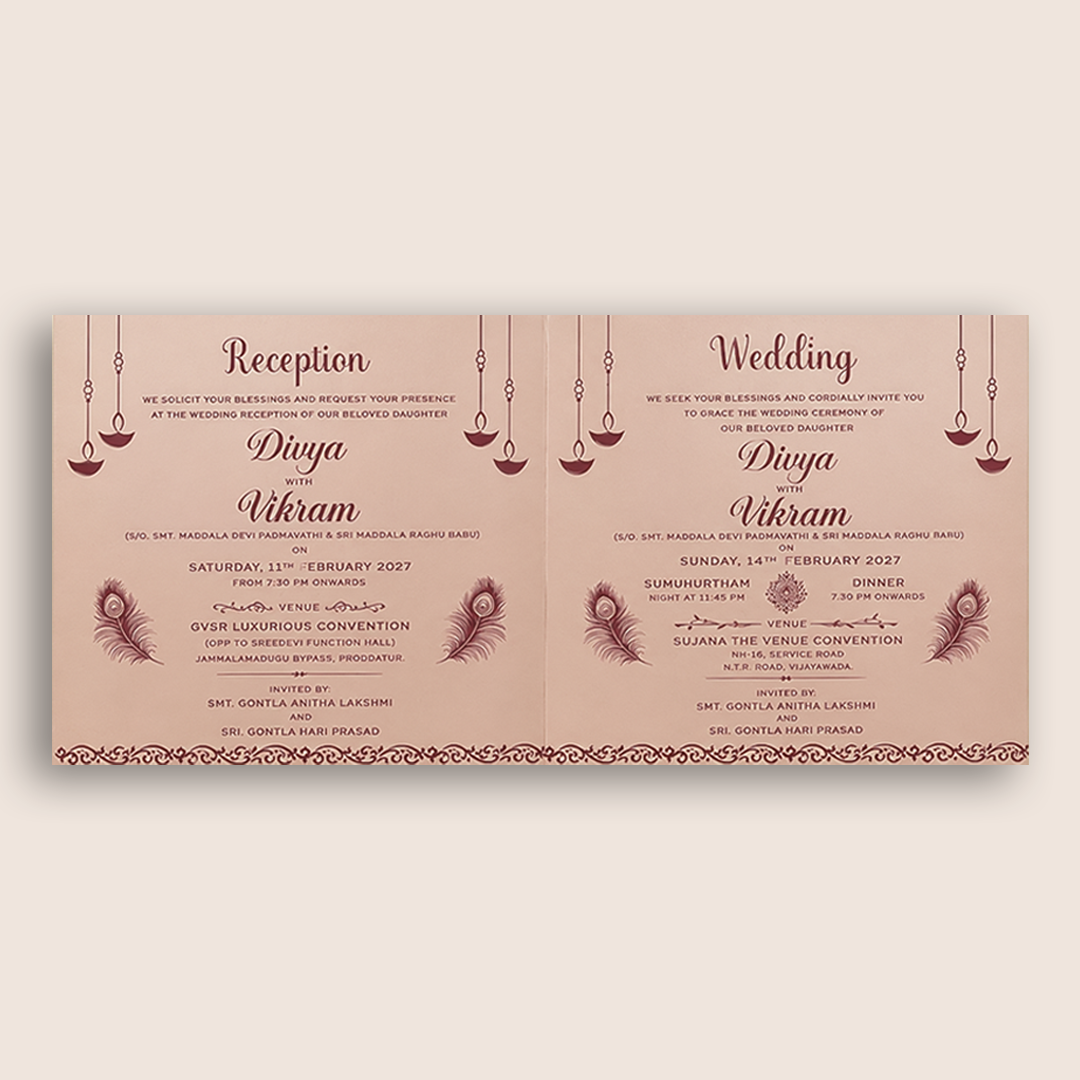 Metallic Pink Floral Pattern Wedding Invitation Card - KNPR3301P