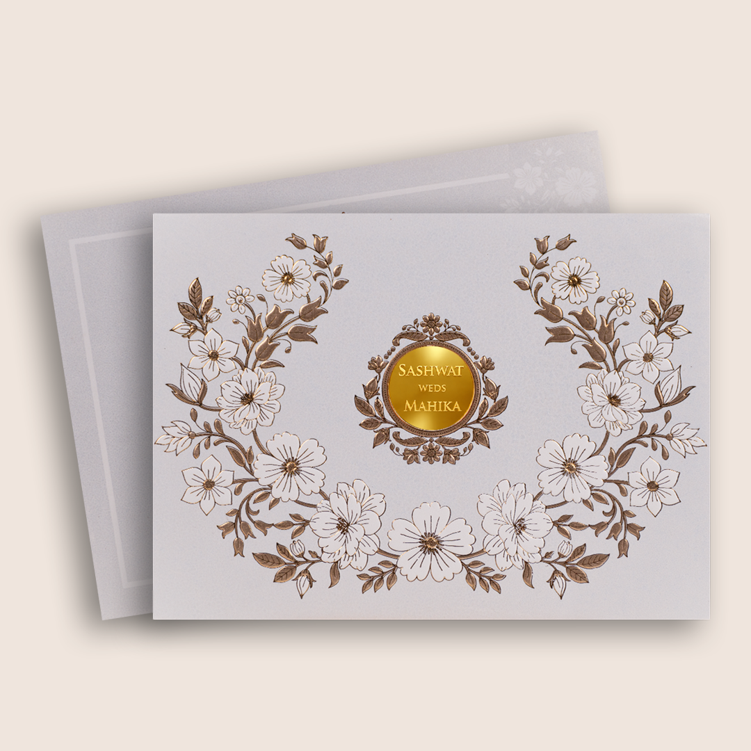 Ivory Embossed Floral Padded Wedding Invitation Card - KRE29250