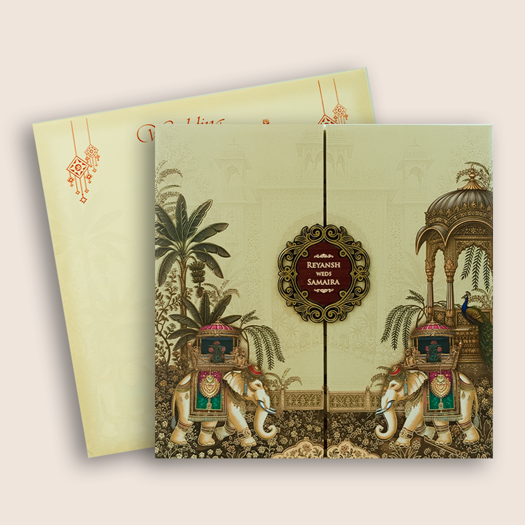 Beige Padded Royal Elephant Door Style Wedding Card - KSH18680