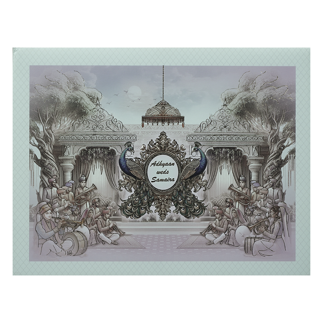 Lavender Padded Peacock Palace Wedding Card-KRC31100