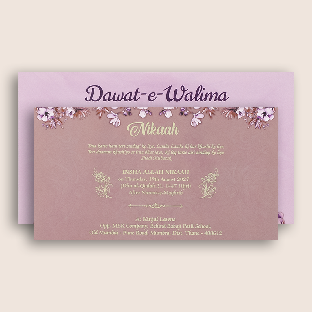 Purple Floral Three Fold Padded Wedding Card - KVN07450