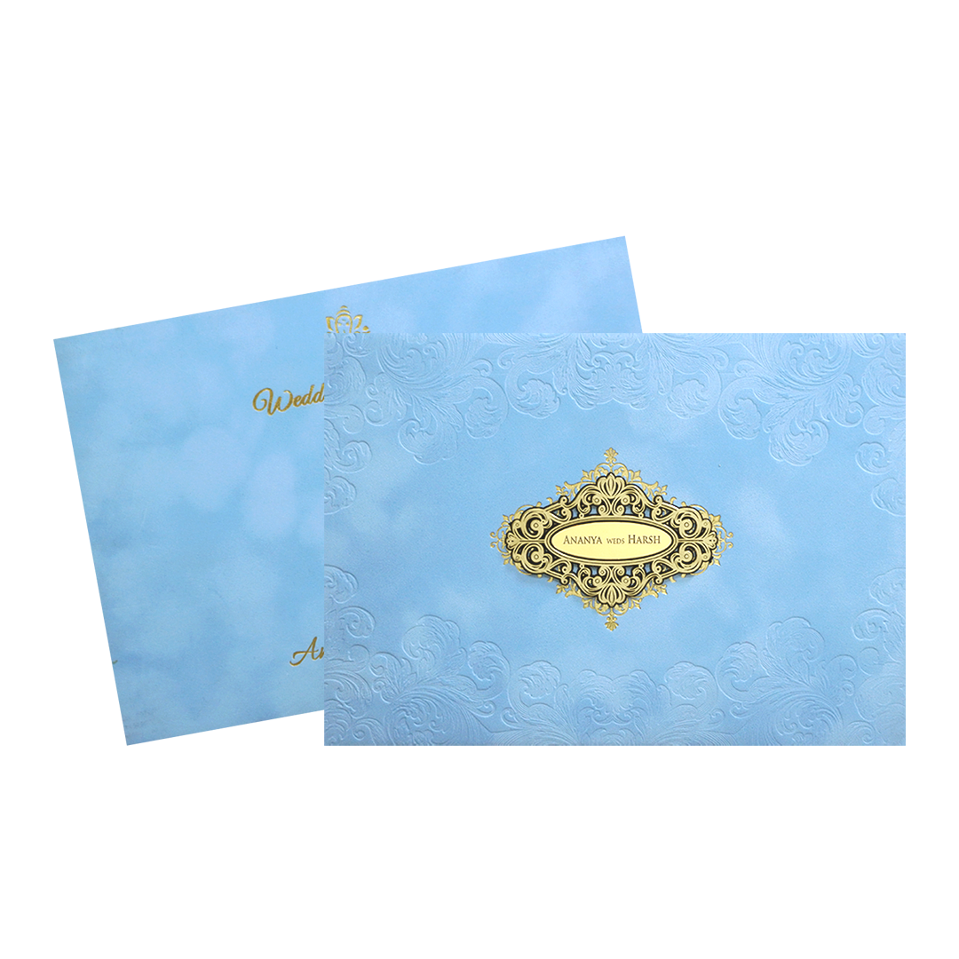 Light Blue Gold ornate Padded Wedding Card -KMMWD1138