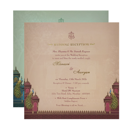 Royal Blue Gold Palace Peacock Padded Wedding Card - KMMEX8020