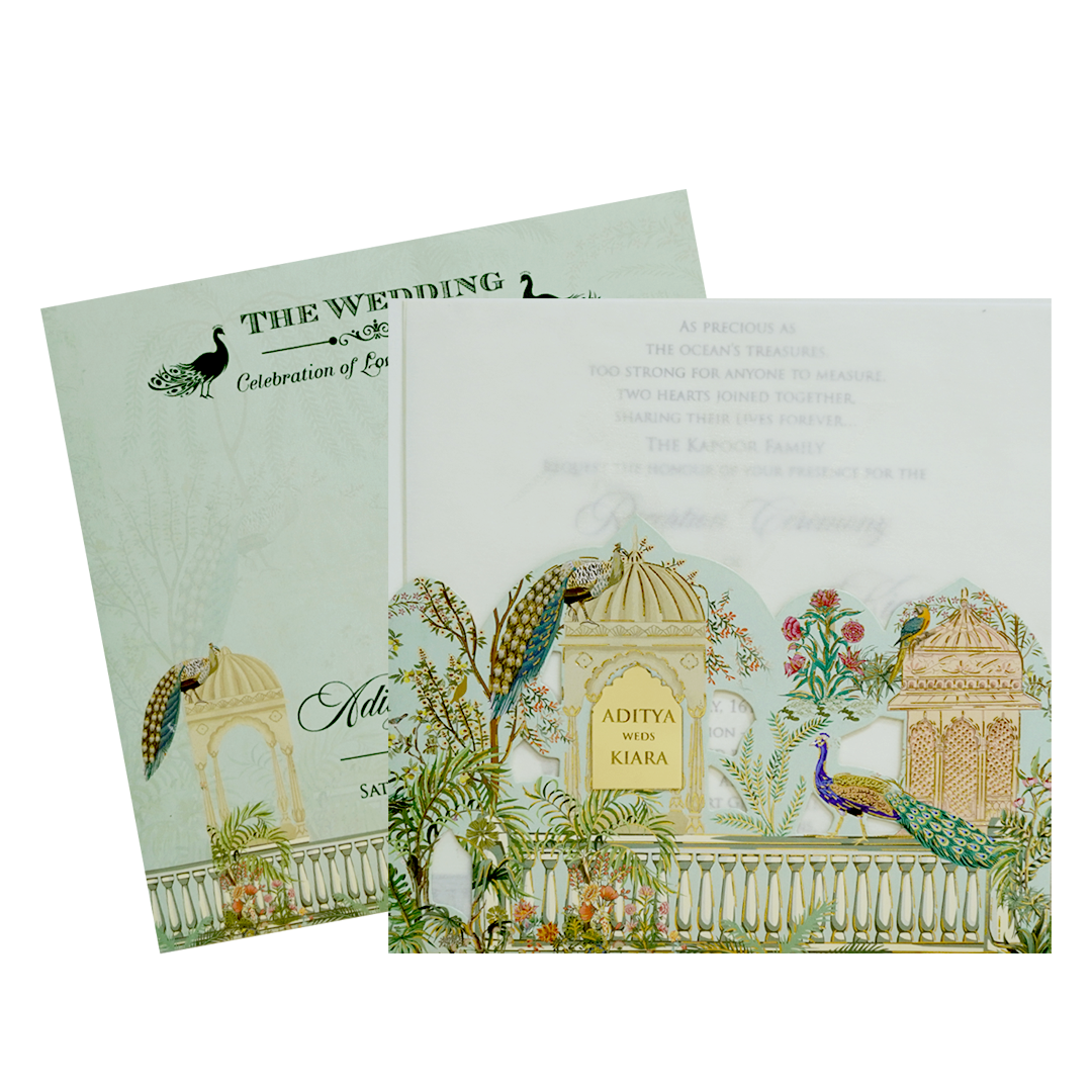 Pastel Green Peacock Dome Wedding Card-KFR15200