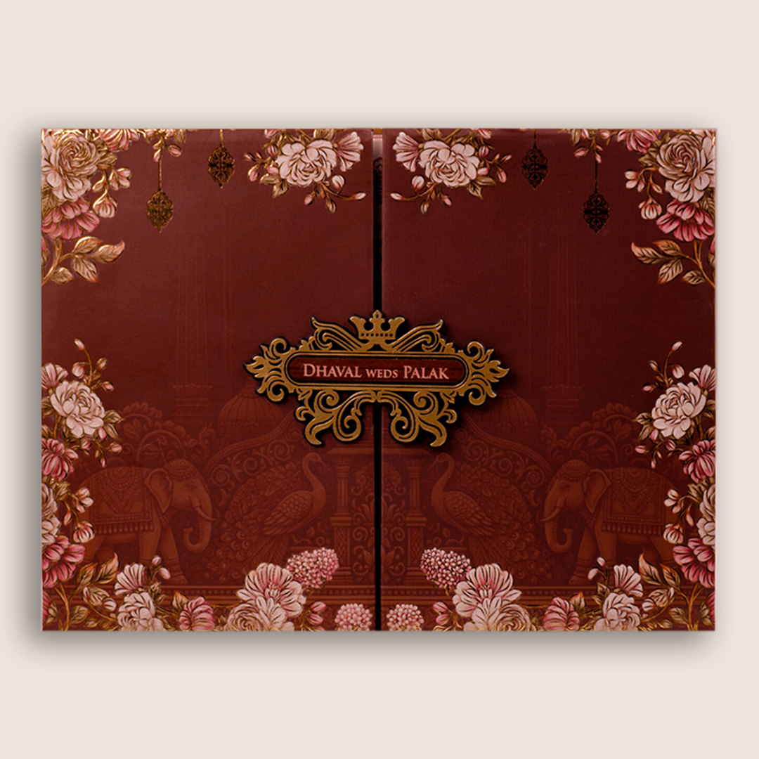 Brown Padded Floral Door Style Invitation Card - KVN07890