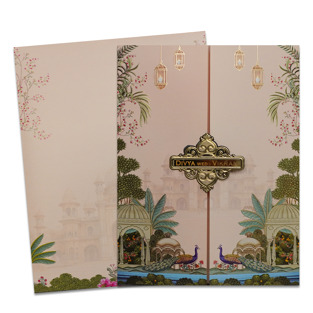 Cream Royal Palace Peacock Wedding Card-KNKJ1147