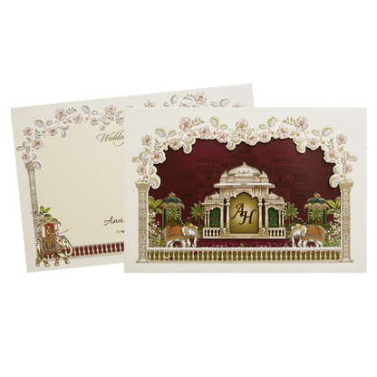 Cream Laser Cut Padded Royal Marriage Ceremony Wedding Card-KMMEX8130