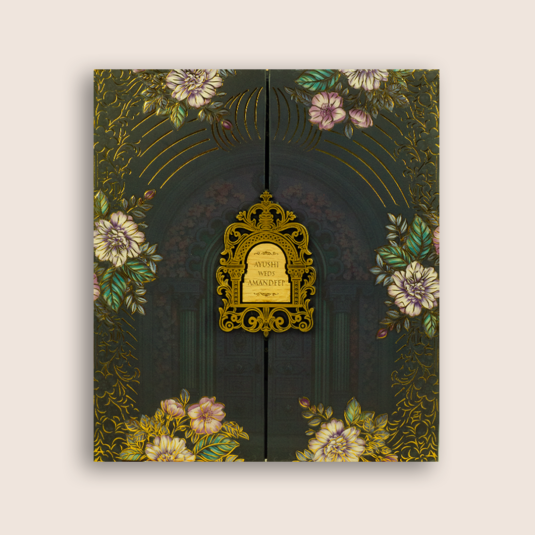 Navy Blue Door Style Padded Wedding Card - KVN07970