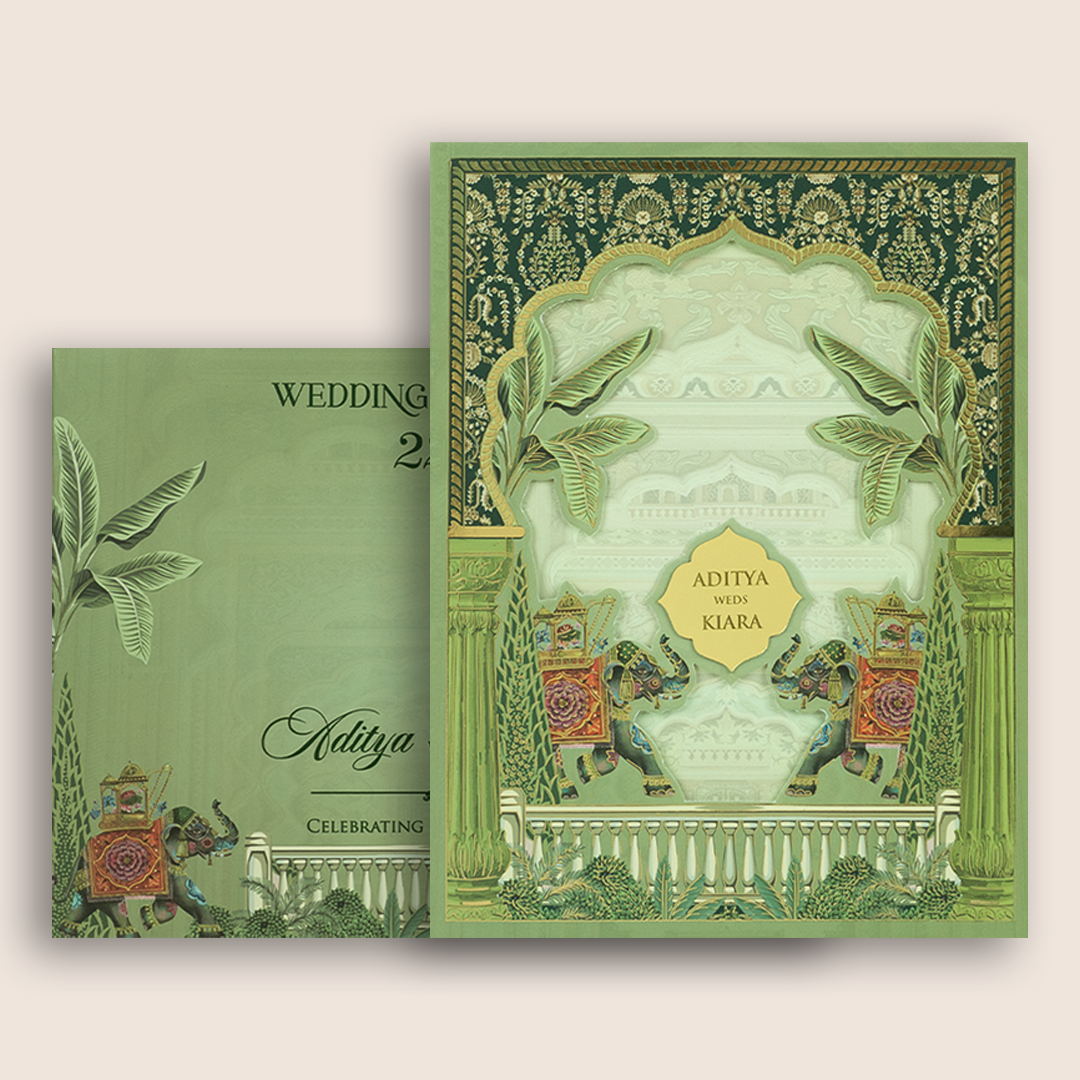 Green Royal Elephant Padded Wedding Invitation - KFR16260