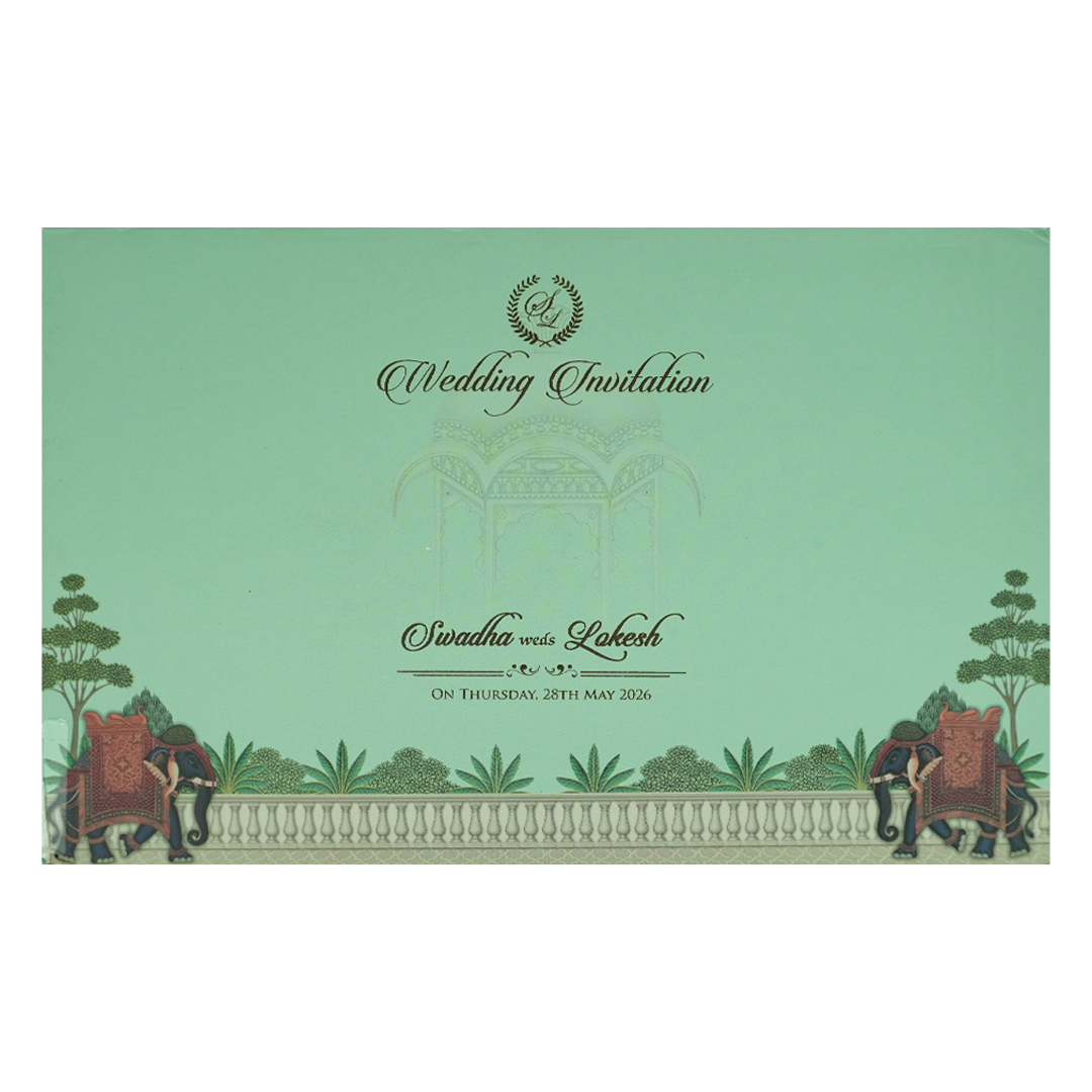 Mint Green Palace Elephant Padded Wedding Card-KRE27150