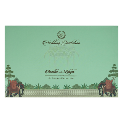 Mint Green Palace Elephant Padded Wedding Card-KRE27150