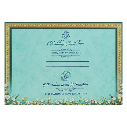 Emerald Blue Floral Padded Wedding Card-KRB09260