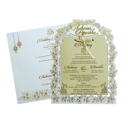 Ivory Laser Cut Gold Foil Wedding Invitation Card with Custom Name-KRB09141