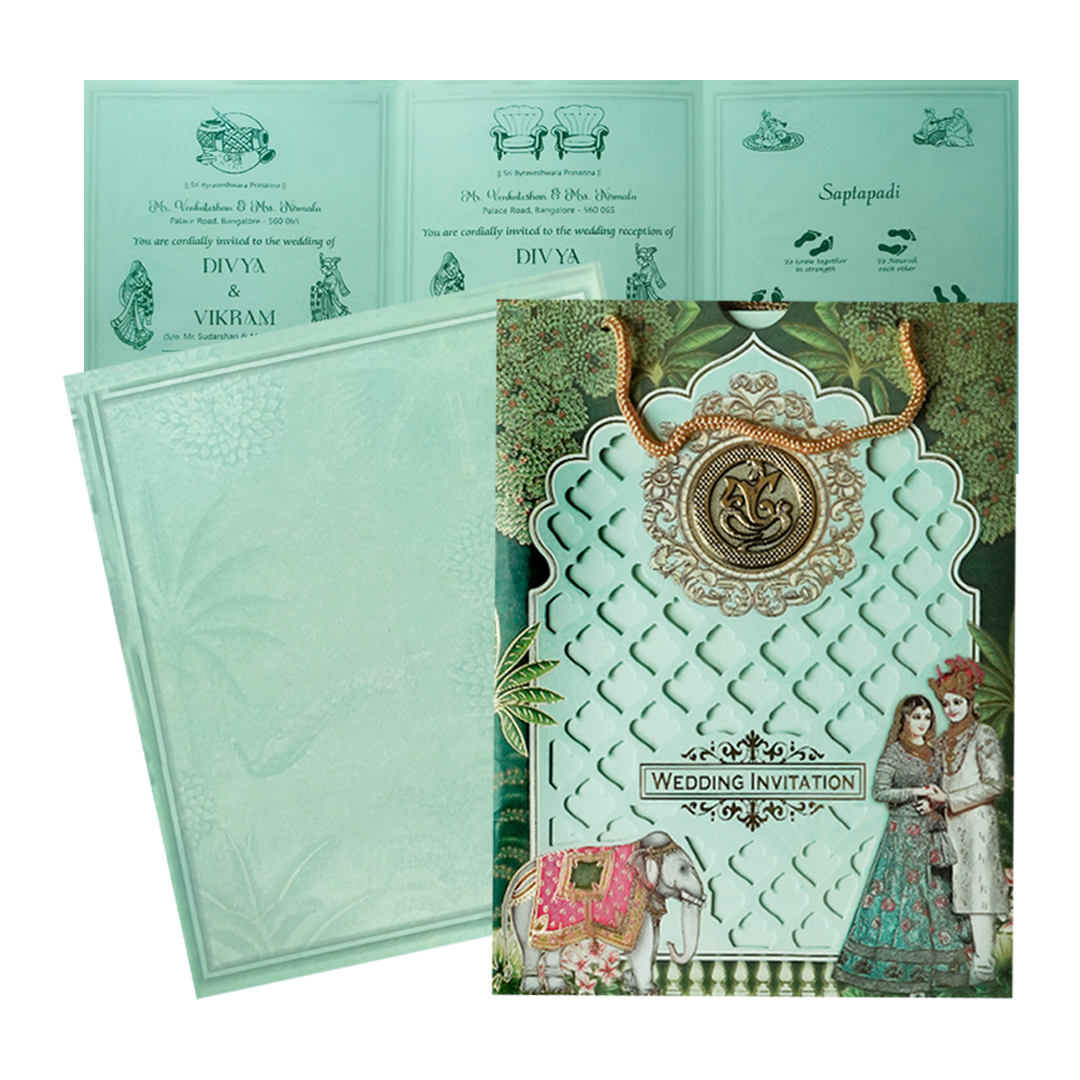 Regal Green Ganesha Wedding Card-KNAV1802