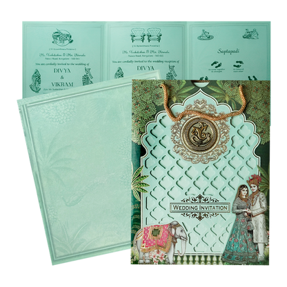 Regal Green Ganesha Wedding Card-KNAV1802