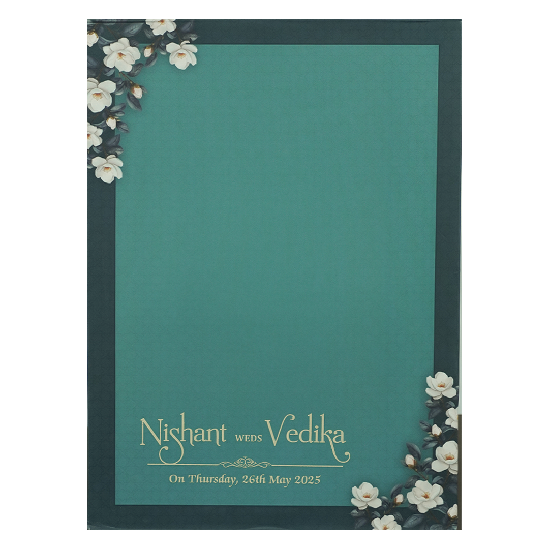 Blue Floral Gold Frame Padded Wedding Card-KRE27970