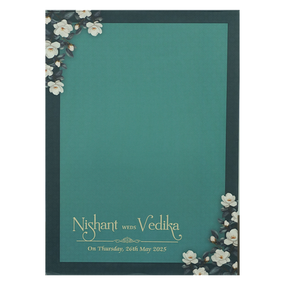 Blue Floral Gold Frame Padded Wedding Card-KRE27970