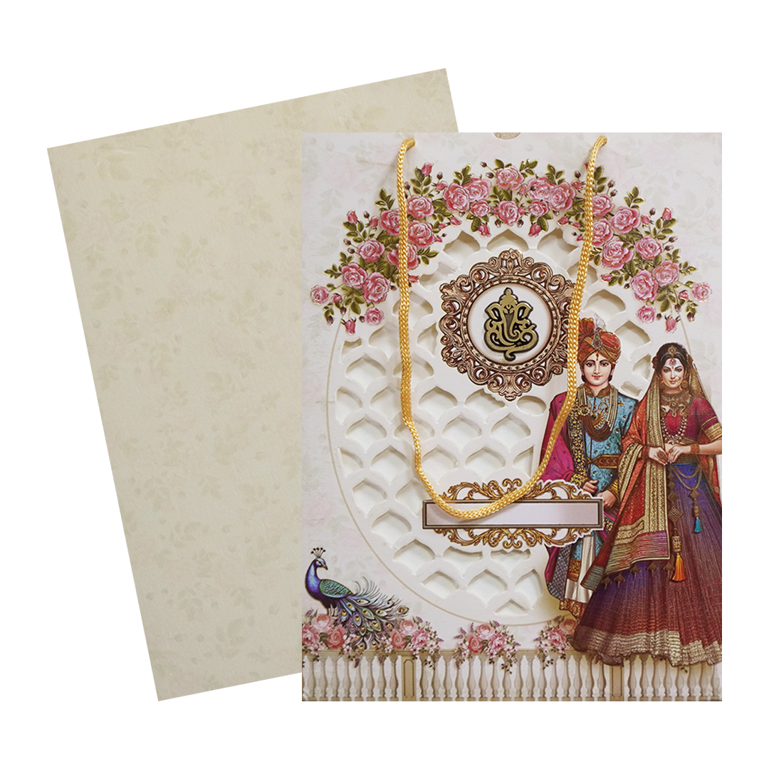 Cream Floral Ganesha Double Door Wedding Card - KSH73220