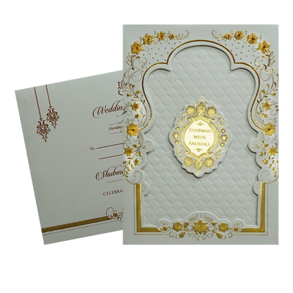 Grey Padded Embossed Floral Wedding Invitation Card-KRB09681