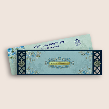 Blue MDF Floral Three Fold Wedding Card - KJTS1908