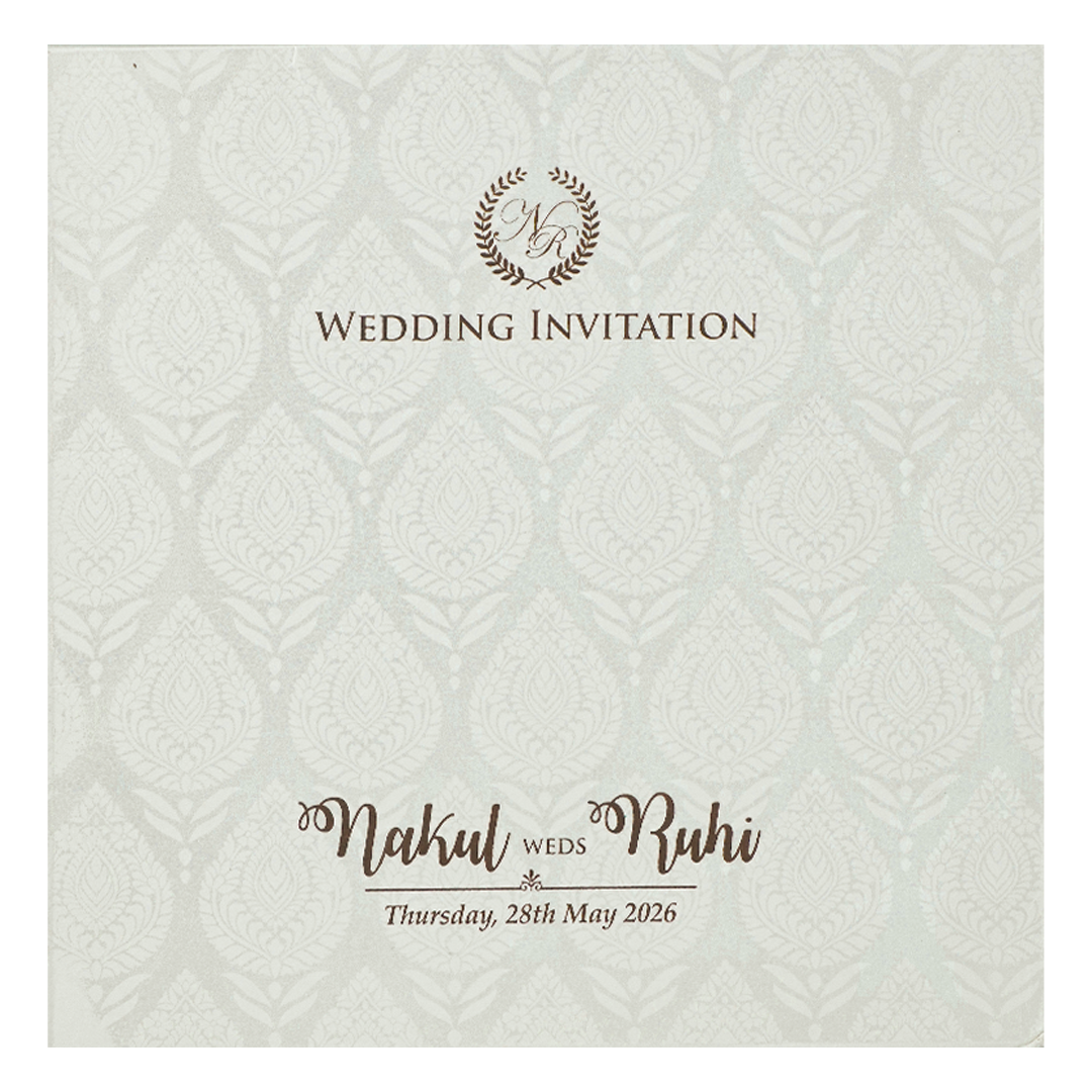 White Ganesha Umbrella Embossed Wedding card-KRE28530