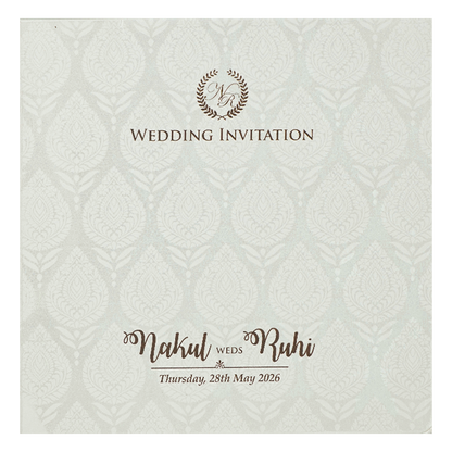White Ganesha Umbrella Embossed Wedding card-KRE28530