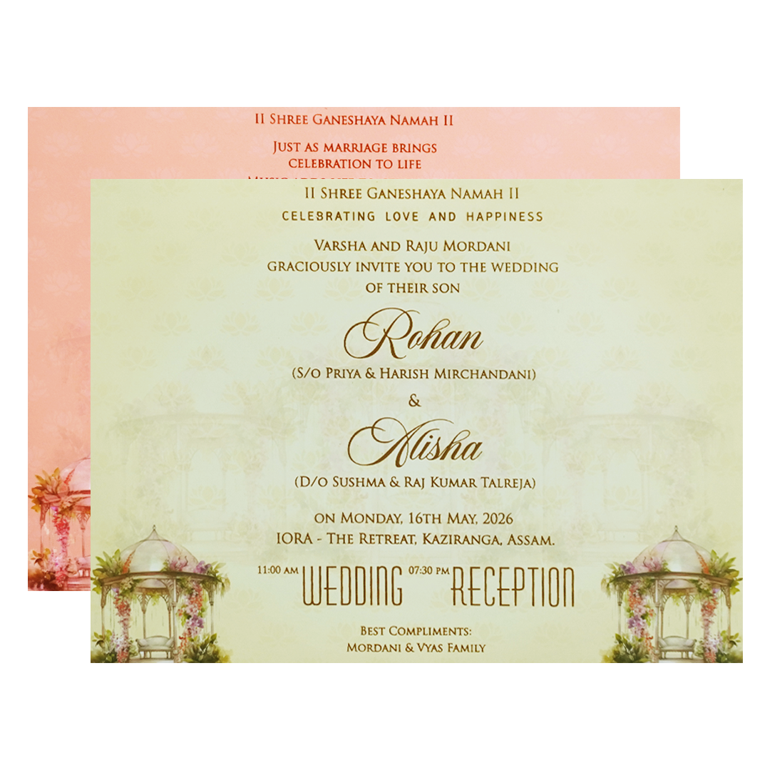 Yellow Pink Dome Gazebo Floral  Padded Wedding Card - KFR16320