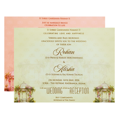 Yellow Pink Dome Gazebo Floral  Padded Wedding Card - KFR16320