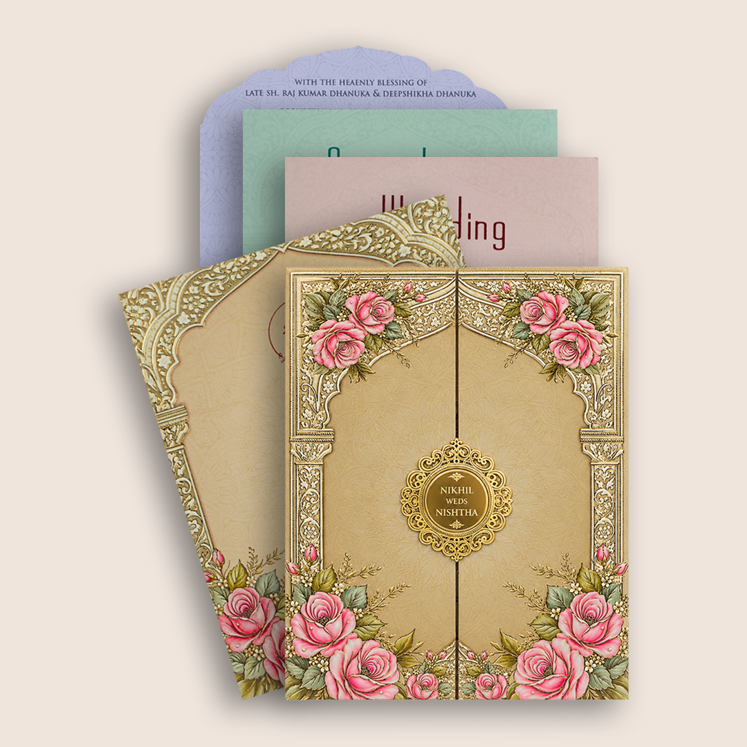 Beige Floral Arch Door Style Wedding Card - KPR07220