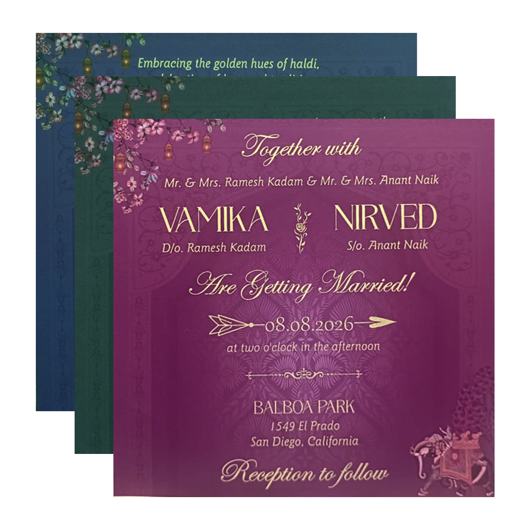 Purple Padded Lantern Elephant Wedding Card - KVN07500