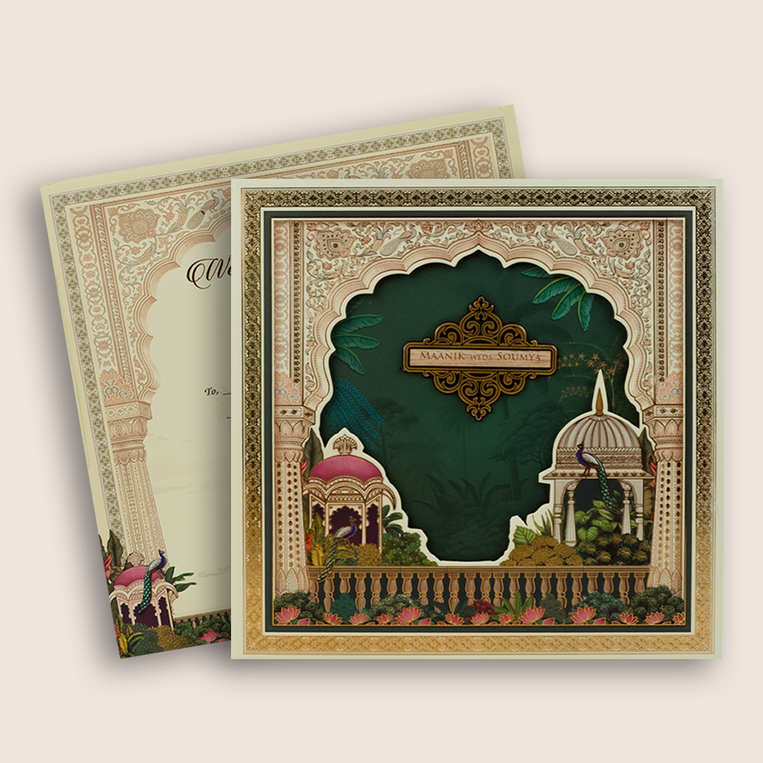 Green Floral Laser Cut Padded Wedding Card - KSH18640