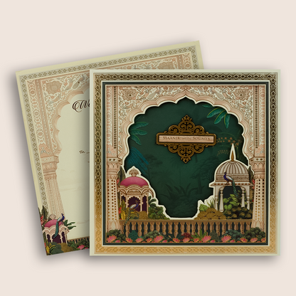 Green Floral Laser Cut Padded Wedding Card - KSH18640