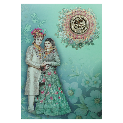 Green Floral Bride Groom Padded Invitation Card-KNEP1601