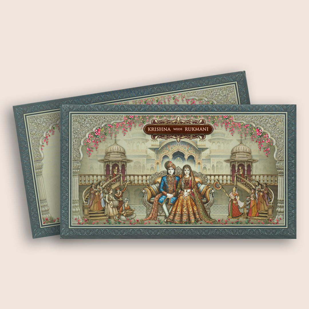 Teal Blue Royal Palace Bride Groom Floral Padded Wedding Invitation Card - KJTS1921