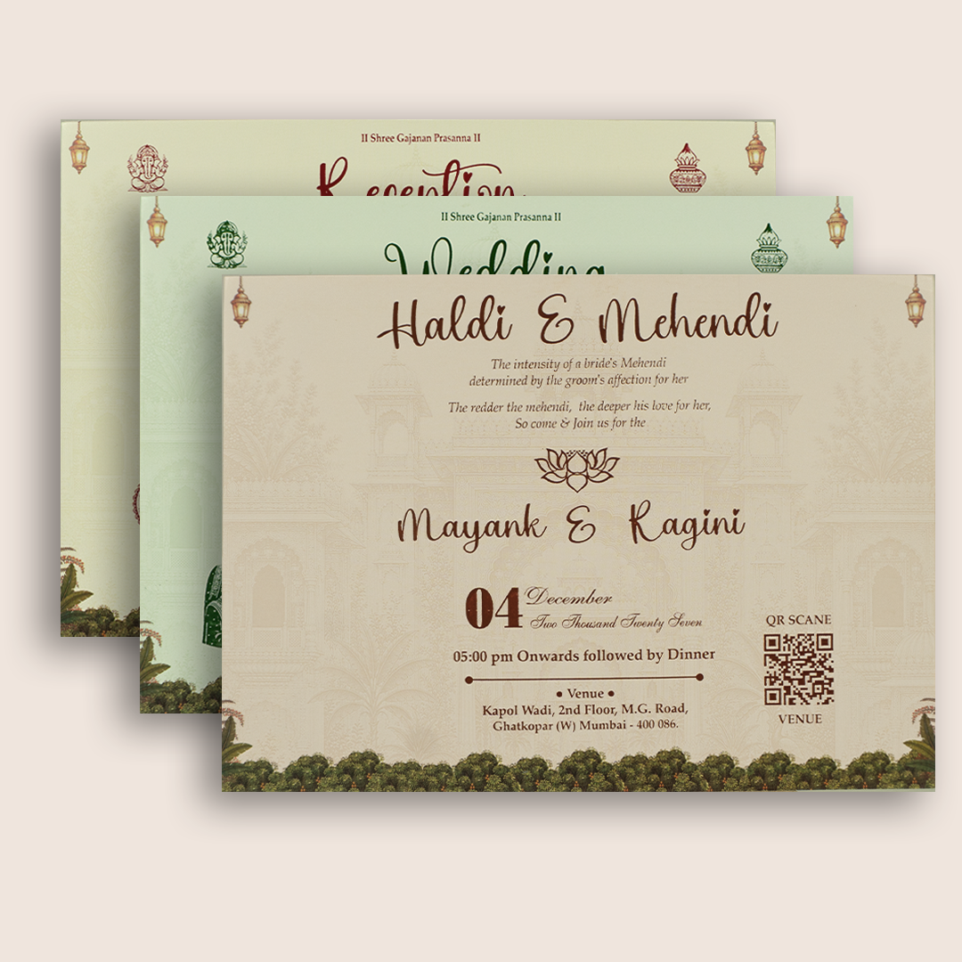 Beige Royal Elephant Door Style Wedding Card - KSH18890