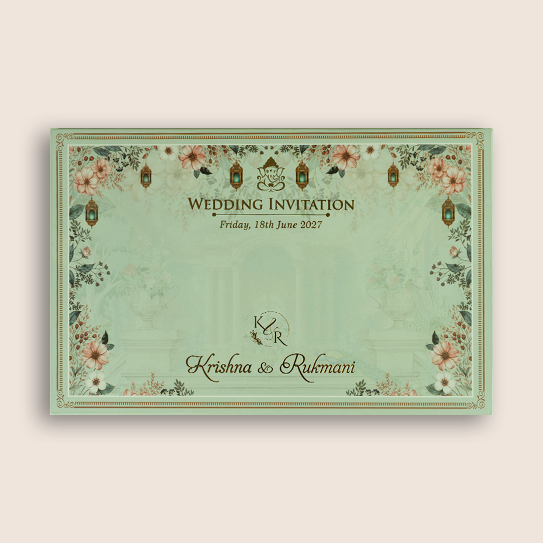 Pale Green Floral Bride Groom Padded Invitation Card - KJTS1827