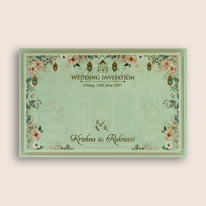 Pale Green Floral Bride Groom Padded Invitation Card - KJTS1827