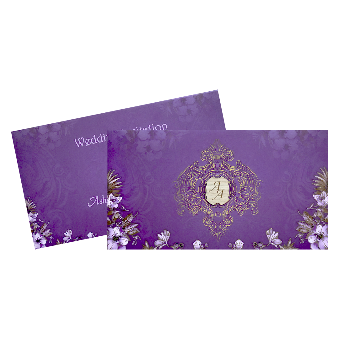 Purple Gold Monogram Floral Padded Wedding Card - KVN07450