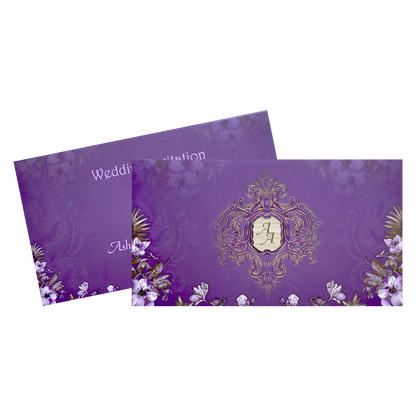 Purple Gold Monogram Floral Padded Wedding Card - KVN07450