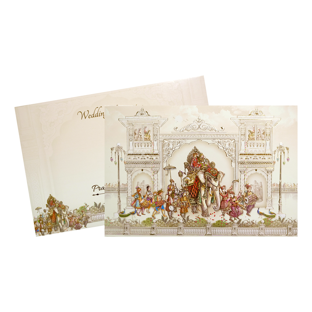Cream Baraat Procession 3D Padded Wedding Card - KMMWD1111