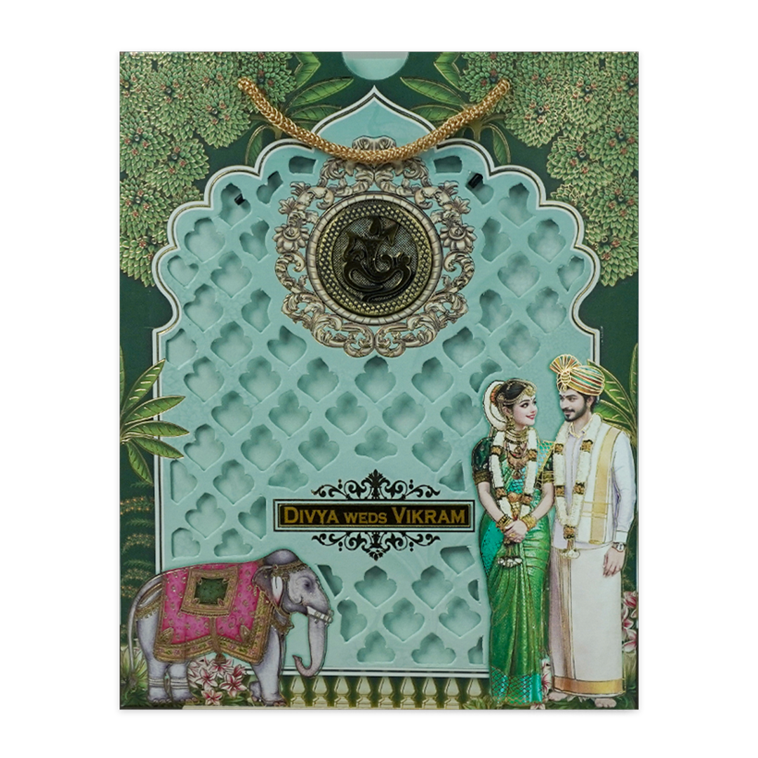 Green Elephant Couple Laser-Cut Wedding Card-KNKQ8306