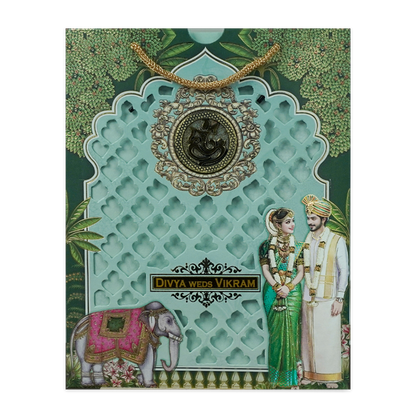 Green Elephant Couple Laser-Cut Wedding Card-KNKQ8306