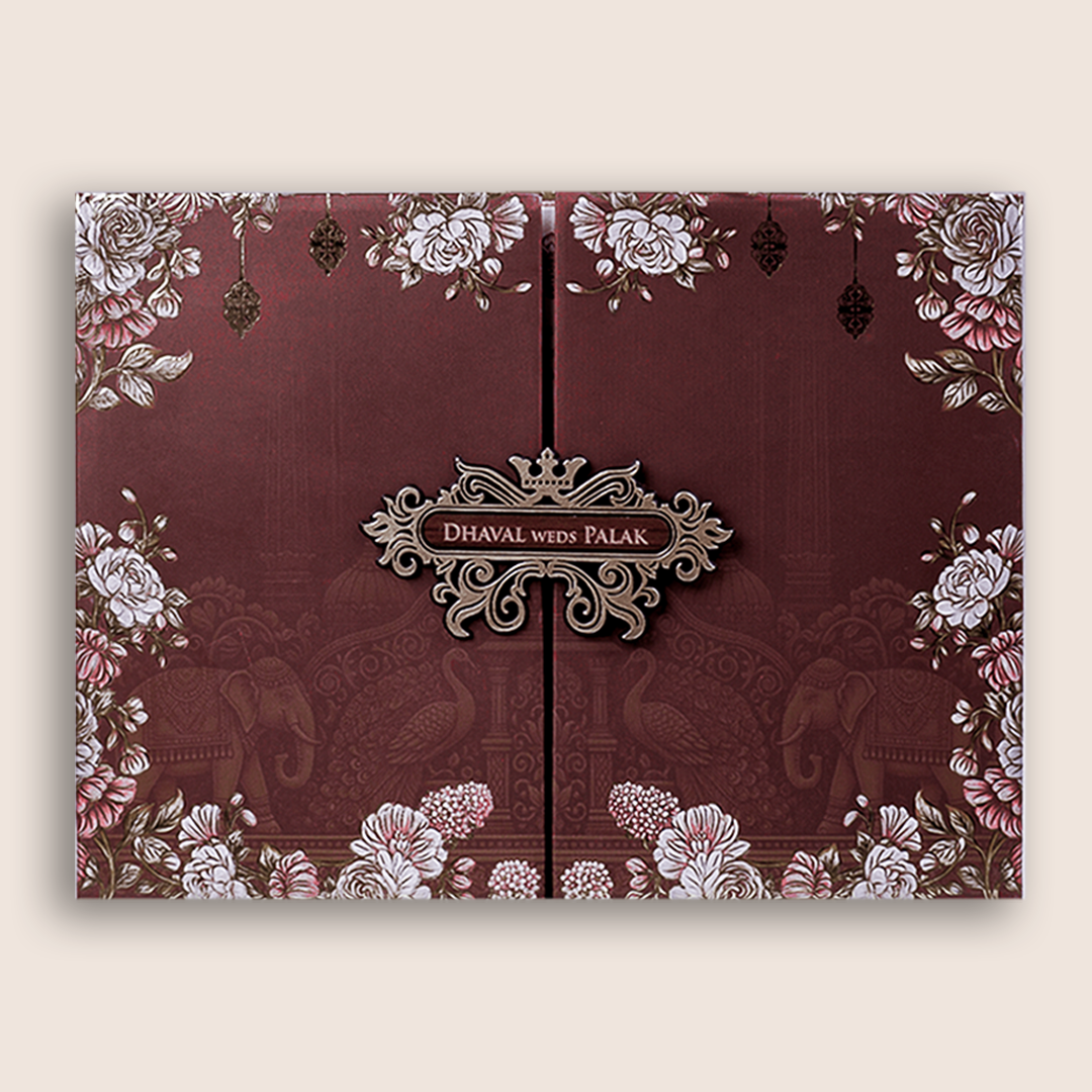Brown Padded Floral Door Style Invitation Card - KVN07890