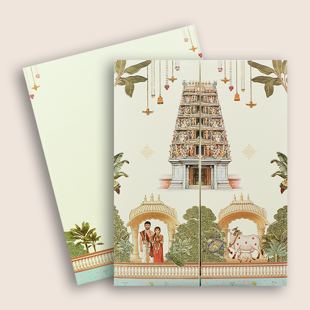 Cream South Indian Temple Door Style Wedding Invitation - KNKJ1167