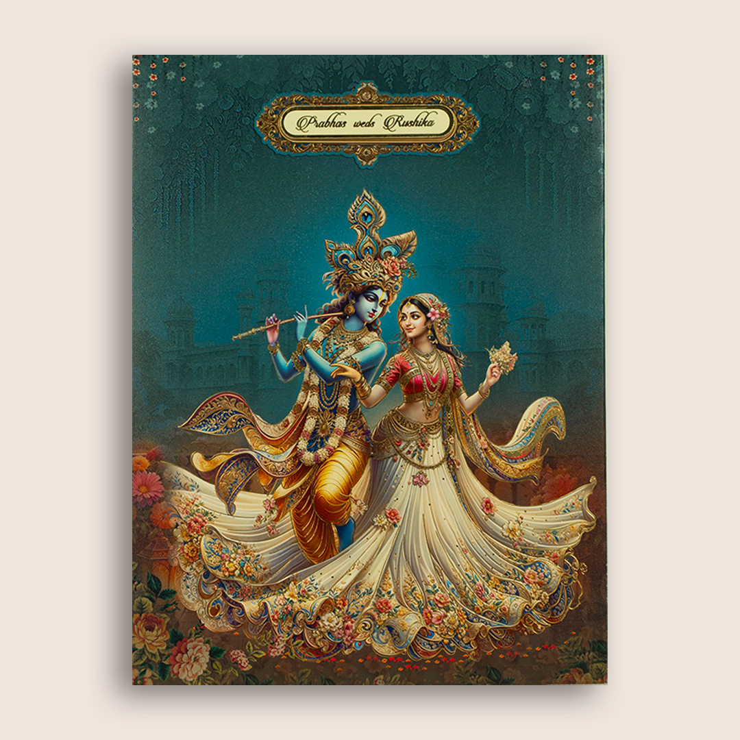 Royal Blue Radha Krishna Padded Wedding Card - KAA05770