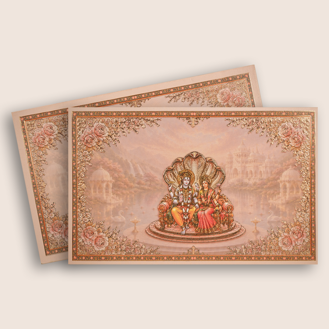 Pink Lord Lakshmi Narayan Embossed Floral Wedding Card- KPR07050